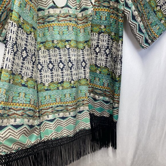 Dizzy Lizzy Bohemian Aztec Fringe Hem Open Front Cardigan Women Small Multicolor - Picture 15 of 15